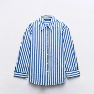 Zara Blue and White Striped Button-Up Shirt Poplin